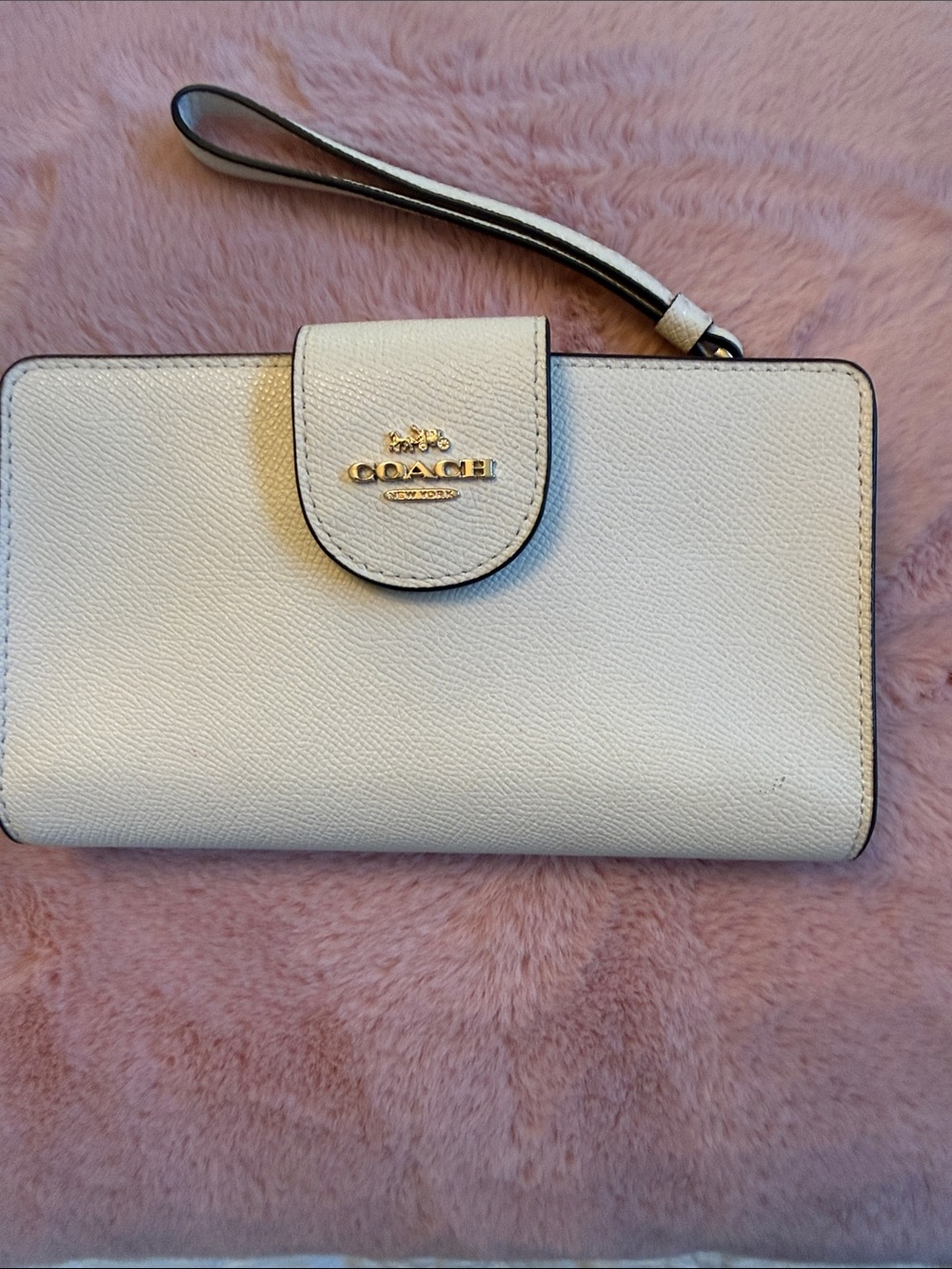 Coach Cream Leather Wristlet Clutch with Gold Logo